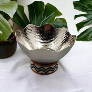 Handmade Hammered Silver Metal Decorative <b>Bowl</b> With Wooden Handmade Base Home Decor Fruit Stand Table Centerpiece <b>Snacks</b> <b>Bowl</b> - Product Image 3
