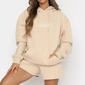 Sweat à capuche antibactérien en polaire épaisse coupe ajustée avec logo personnalisé pour femmes ensemble court grande taille 100% survêtement en coton survêtement - Product Image 1