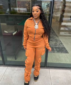 Cremallera inferior Cargo pantalón Sudadera con capucha conjunto de alta calidad 100% algodón 10 bolsillos Cargo pantalones cremallera Sudadera con capucha conjuntos para mujer - Product Image 2