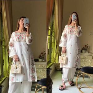 Elite cotton plazzo salwar kameez with heavy <b>thread</b> work top and plazzo with dupatta pair for casual outing export grade - Product Image 4