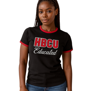 HBCU Educated <b>Women</b> Chenille Contrast Trim Ringer T <b>Shirt</b> Black with <b>Red</b> Embroidered Letters Cotton Collegiate Campus Style - Product Image 1