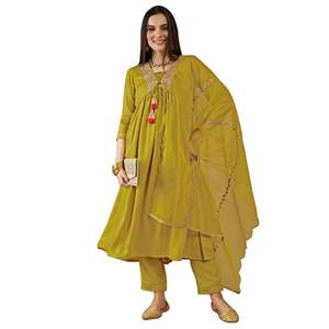 Ensemble Salwar Suit pour femmes Trendmalls, style ethnique jaune, en soie artificielle, broderie, G268-Kurta Pant Dupatta, Indien/Pakistanais - Product Image 1