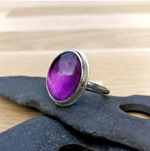Welwish Handmade Smooth Gem Ring Oval Cabochon Amethyst Gems Ring 12x10 mm in Size Bezel Setting 925 Silver Ring - Product Image 1