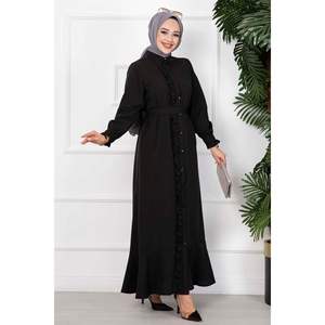Vestido largo negro elegante con detalle de volantes, conjunto Khimar tradicional de lujo para niños y niñas, vestido Hijab de tela de algodón de verano - Product Image 4