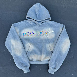2025 venta al por mayor OEM invierno recortado crudo dobladillo Sudadera con capucha personalizado francés Terry DTG impresión diamantes de imitación Unisex 100% algodón Azul Rojo - Product Image 3