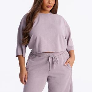 <b>Women's</b> Knit Sweatshirt Loose 2 Piece T shirt Sets Short Sleeve Pullover <b>Tops</b> Elastic Waist Wide Leg Pants Lounge Set Made in BD - Product Image 3