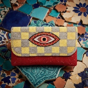 Bolso de mano artesanal de poliéster con cuentas, diseño de ojo turco brillante, patrón a cuadros rojo y amarillo, otras formas, artesanía textil, playa - Product Image 1