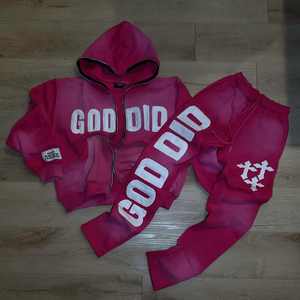 Trajes de sudor de lavado ácido de fabricación OEM, chándales completos acampanados con cremallera gruesa de algodón, conjuntos de sudaderas con capucha y pantalones de chándal para hombres - Product Image 1