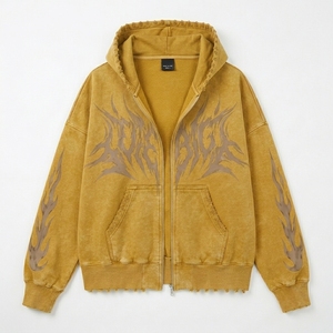 <b>Yellow</b> Distressed Zip Up <b>Hoodie</b> <b>Men</b> Oversized Streetwear Graphic Fleece Sweatshirt Custom Casual Fashion Jacket - Product Image 3