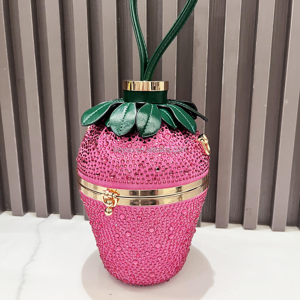 Pink Green Woman Evening Clutch Bag Rhinestone Strawberry Purse Luxury  Designer Handle Shoulder Bucket Handbag Wedding Banquet - Main Image