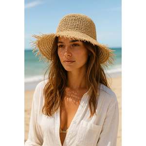 Camel Natural Textured Hand-Knitted <b>Straw</b> <b>Hat</b> - Wide Brim with Tasseled Edges, <b>Summer</b> Accessory HSR2097 - 2097camelBrown - Product Image 1