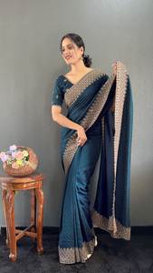 Vente chaude DESIGNER VICHITRA SOIE BRODERIE SIROSKI TRAVAIL PRÊT À PORTER SAREE AVEC CHEMISIER NON COUDU BLEU - Product Image 6