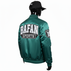 Chaqueta de Satén Premium para Mujer, Color Verde Azulado Brillante, con Paneles en las Mangas y Logotipo de Chenilla Bordado Personalizado, Chaquetas de Satén para Mujer - Product Image 5