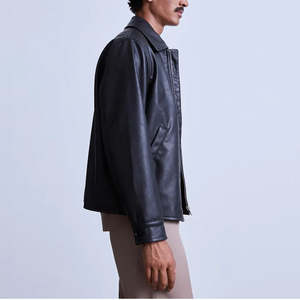 Chaqueta de Cuero Negra para Hombre, Estilo Bomber, al por Mayor, de Alta Calidad, Lisa, Resistente al Viento, con Cierre Completo, Personalizable OEM - Product Image 4