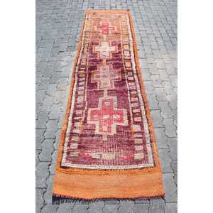 2.7x10.2 ft Rug, Vintage Herki Rug, Turkish <b>Red</b> <b>Wool</b> Bordered Rug - Product Image 1