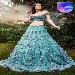 Cuento de hadas turquesa 3D Floral bordado Lehenga Choli seda fuera del hombro blusa para fiesta para Bodas de destino festivo - Product Image 1