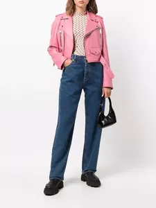 Womens Real <b>Pink</b> Leather Biker <b>Jacket</b> Belted Waist Asymmetrical Zip Lapel Collar Sheepskin Motorcycle Coat Custom Short Outwear - Product Image 2