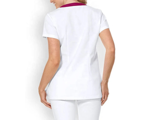 White V-Neck <b>Scrub</b> <b>Top</b> with Magenta Trim Women's Hospital Uniform Cotton Polyester Woven Fabric with Pockets - Product Image 2