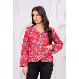 Handmade Red Cotton Quilted Floral <b>Jacket</b> Reversible Design Animal Solid Customizable Hooded Patchwork <b>Short</b> Bomber for Autumn - Product Image 1