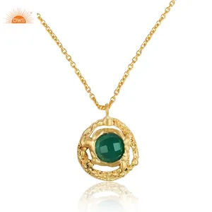 天然绿色玛瑙宝石黄铜镀金手工设计师声明吊坠项链女性定制珠宝制造商
