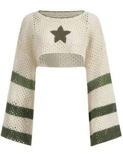 Pull court en tricot crochet blanc pour femmes, motif étoile, tissage ouvert, manches évasées, détail rayé, haut léger tendance, streetwear - Product Image 1