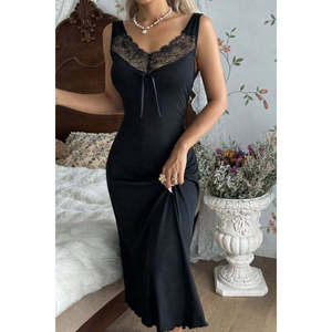 Chemise de nuit longue côtelée épaisse pour femme Jane's, col en dentelle délicat, bretelles réglables, douce et respirante en Spandex/Coton - Product Image 2