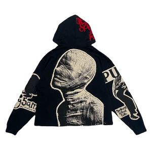 Parches bordados personalizados Logo Hoddie sudadera desgastada Zip Up Raw Hem Cut Off Edge recortado bordado apliques Sudadera con capucha hombres - Product Image 4