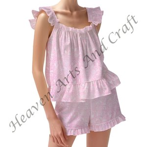 Conjunto de pijama con estampado de bloque de algodón puro para mujer, conjunto de pijama con mangas ajustadas con volantes y tiras florales para Primavera/Verano - Product Image 2