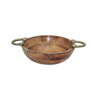 Bol de forme ronde en bois élégant pour cuisine et table avec poignée en métal Bol de service de couleur naturelle et bols décoratifs - Product Image 1