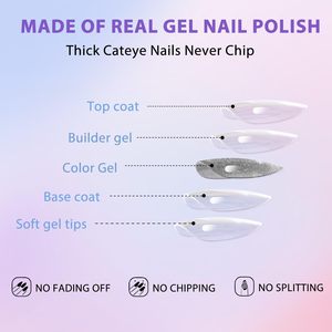 KQueenest medio mandorla unghie acriliche 30 pezzi occhio di gatto rosa chiaro Glitter Nude unghie finte rosa scintillante stampa su striscia di Gel per unghie - Product Image 5