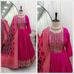 Meilleure qualité traditionnelle Chinon soie lourde séquence broderie robe de travail et beurre fond de soie et Satin soie impression numérique Dupatta - Product Image 4