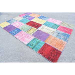 Grand tapis turc vintage 6,7x9,4 pi (203x287 cm), tapis patchwork à carreaux rouges - Product Image 3