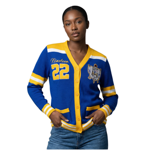 Cardigan en laine Sigma Gamma Rho bleu et or pour femme, pull boutonné avec lettres grecques, vêtements de sororité SGR, coupe premium - Product Image 1