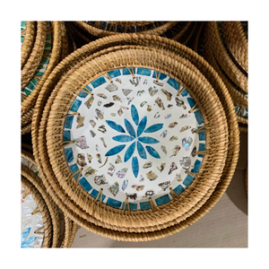 Set of 2 Floral Inlay Mother of Pearl <b>Rattan</b> Trays Flower Patterns & Natural Iridescent Glow Round Shell Trays Luxury Restaurant - Product Image 4
