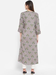 Exclusiva y Moderna Kurta para Mujer, Gris Verde con Estampado Floral, Manga Larga, Cuello con Banda, Paneles de Viscosa y Rayón, Corte en A, Lavable, Ligera - Product Image 4