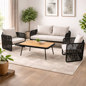 Conjunto de Sofás de Jardín Modernos de Madera de Acacia, con Cojines de Cuerda de Acero Duraderos, Resistentes a los Rayos UV, Ecológicos, Lavables e Impermeables para Villas - Product Image 2