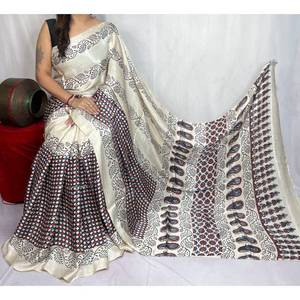 Tissu de robe formelle en soie modal imprimé à la main Ajrakh pour femmes, respirant, silhouette en A - Product Image 2