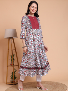 Ensemble kurta anarkali en coton cambric à imprimé floral avec dupatta pour femmes, tenue élégante blanche traditionnelle indienne - Product Image 2