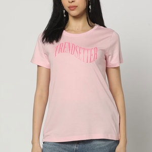 Camiseta de Manga Corta Rosa para Mujer, Cuello Redondo, Logotipo Estampado, Ropa Casual, Algodón/Poliéster, Transpirable, Ecológica, Estilo Urbano - Product Image 1