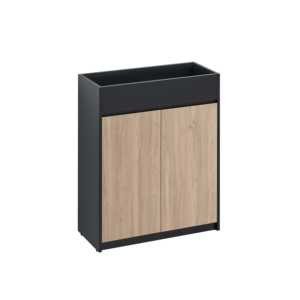 Mobile divisorio moderno per ufficio con fioriera, telaio nero e pannelli in legno naturale - Product Image 2