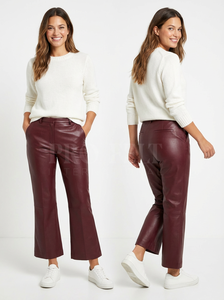 Pantalon en cuir de haute qualité avec logo brodé personnalisé, taille haute, boucle de ceinture, fermeture dissimulée à l'avant, pantalon en cuir tendance pour femmes - Product Image 2
