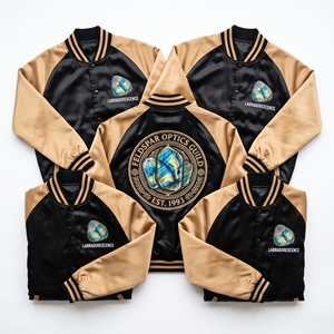 Chaqueta Varsity al por mayor de satén con botones a presión, estilo raglán, en negro, champán, dorado, con bordado en la espalda y detalles de gemas ópticas de Feldspar. - Product Image 1