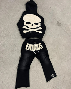 Custom Distressed Embroidered Acid Washed Flared Stacked Tracksuit Sweatsuits Heavyweight <b>Hoodie</b> Pants Set Flare Pants Winter - Product Image 2