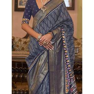 Stunning Navy Blue Patola Silk Saree with <b>Blouse</b> Zari Work & Tassels for Festival <b>and</b> Wedding Printed Style - Product Image 1