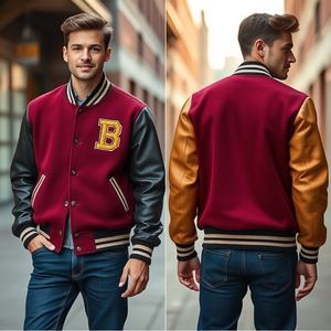 Chaqueta Universitaria Bordada de Lujo, Cuerpo de Lana Gruesa, Mangas de Cuero Genuino, Chaqueta Letterman, Moda Masculina de Invierno, Venta al por Mayor - Product Image 5