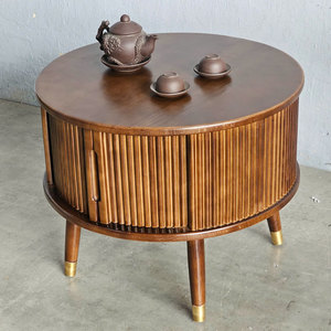 Round Ash Wood <b>Coffee</b> <b>Table</b> with Sliding Doors and Rubber Wood Veneer Top Farmhouse Style Living Room Furniture-TT68260 - Product Image 3