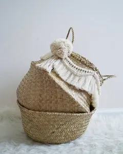 Keranjang perut Seagrass buatan tangan alami Mediterance Boho dengan Macrame grosir dari produsen