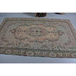 Tapis turc vintage Beige vert 5x8ft laine Patchwork Design pour la maison salon Rectangle Style Latex support pour une utilisation au chevet - Product Image 3