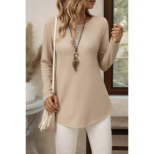 เสื้อวาฟเฟิลแขนยาวคอกลมติดกระดุมด้านหลัง รุ่น 29598 - สีเบจ - Product Image 2