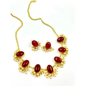 Brass Material Indo Western Design Jewelry Set 100% Natural Stone Necklace With Matching Earring Buy At Discounted Price